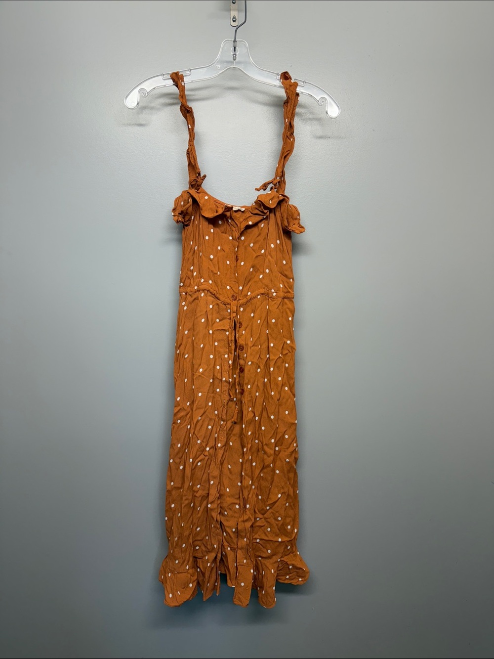 For Love & Lemons Rust Polka Dot Ruffle Midi Dress